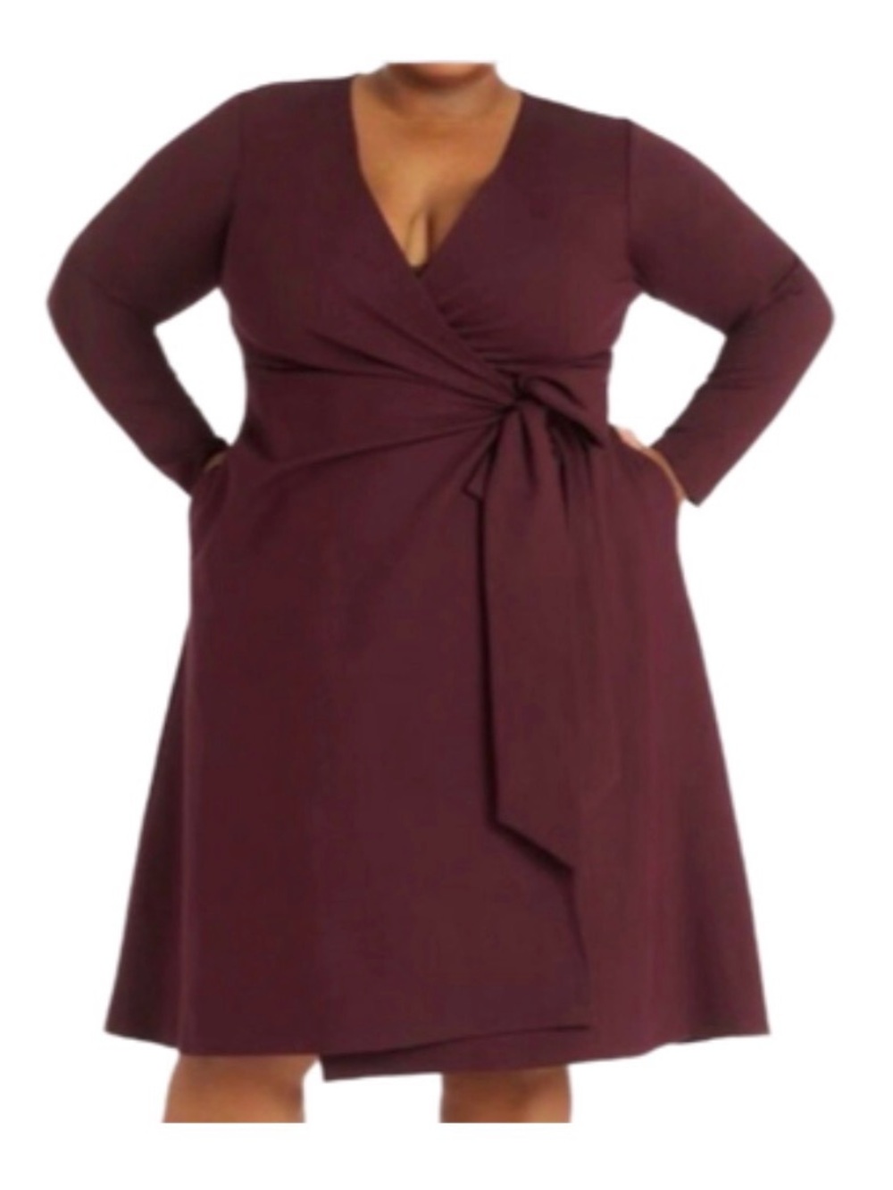 Plus-Size Long Sleeve Wrap Dress in burgundy/wine